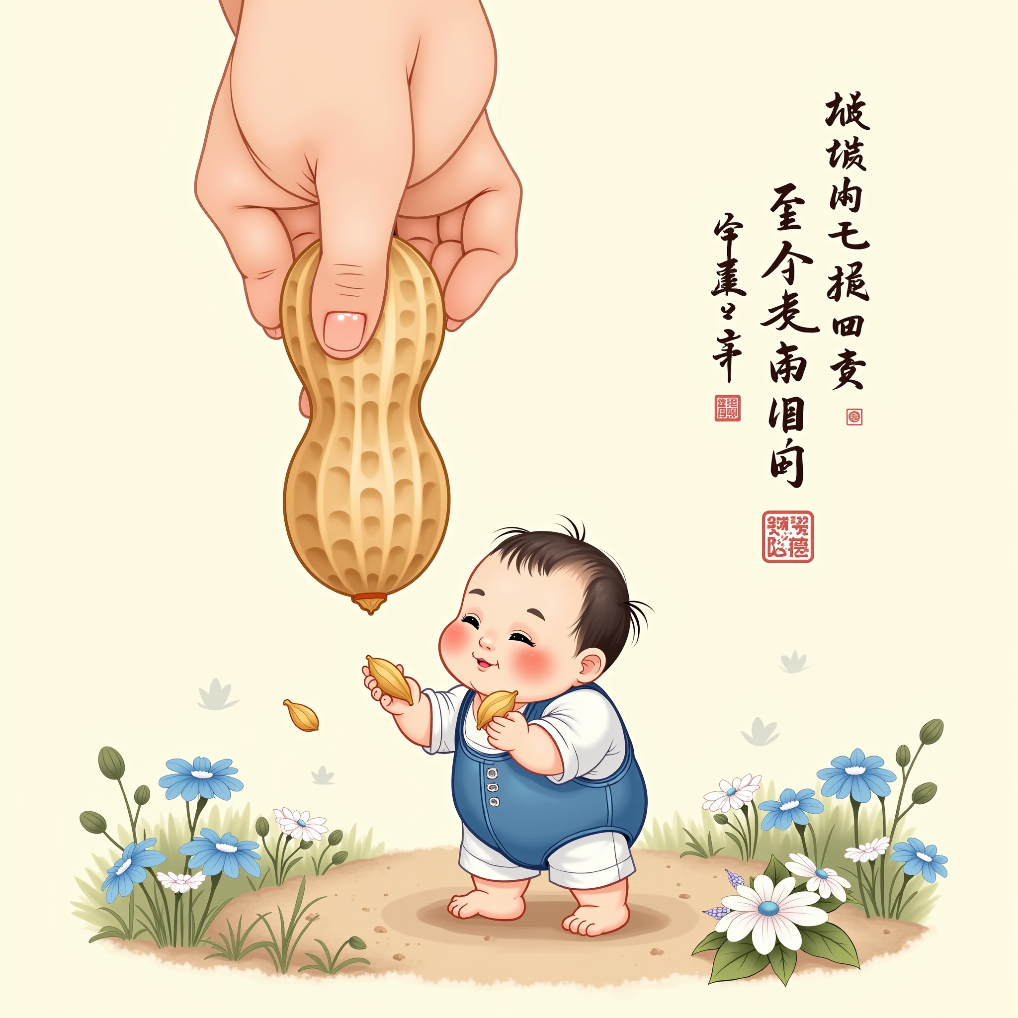 This is a digitally drawn illustration in a traditional Chinese style, featuring a chubby baby with light skin and dark hair, wearing a blue and white outfit. The baby is standing on a textured ground with a cluster of white flowers in the lower right corner. In the top left, a large hand, possibly a human hand, is holding a large, light-brown peanut above the baby's head. The baby is holding two smaller peanuts in its hands, looking content. The background is a light beige, and the scene is set in a garden with blue and white flowers, adding a serene, pastoral feel to the illustration. Traditional Chinese calligraphy in red and black characters is visible in the top right corner, adding a cultural touch to the artwork. The overall style is soft and delicate, with detailed shading and intricate textures, showcasing the baby's chubby cheeks and the petals of the flowers.<lora:水墨风-10:0.8>