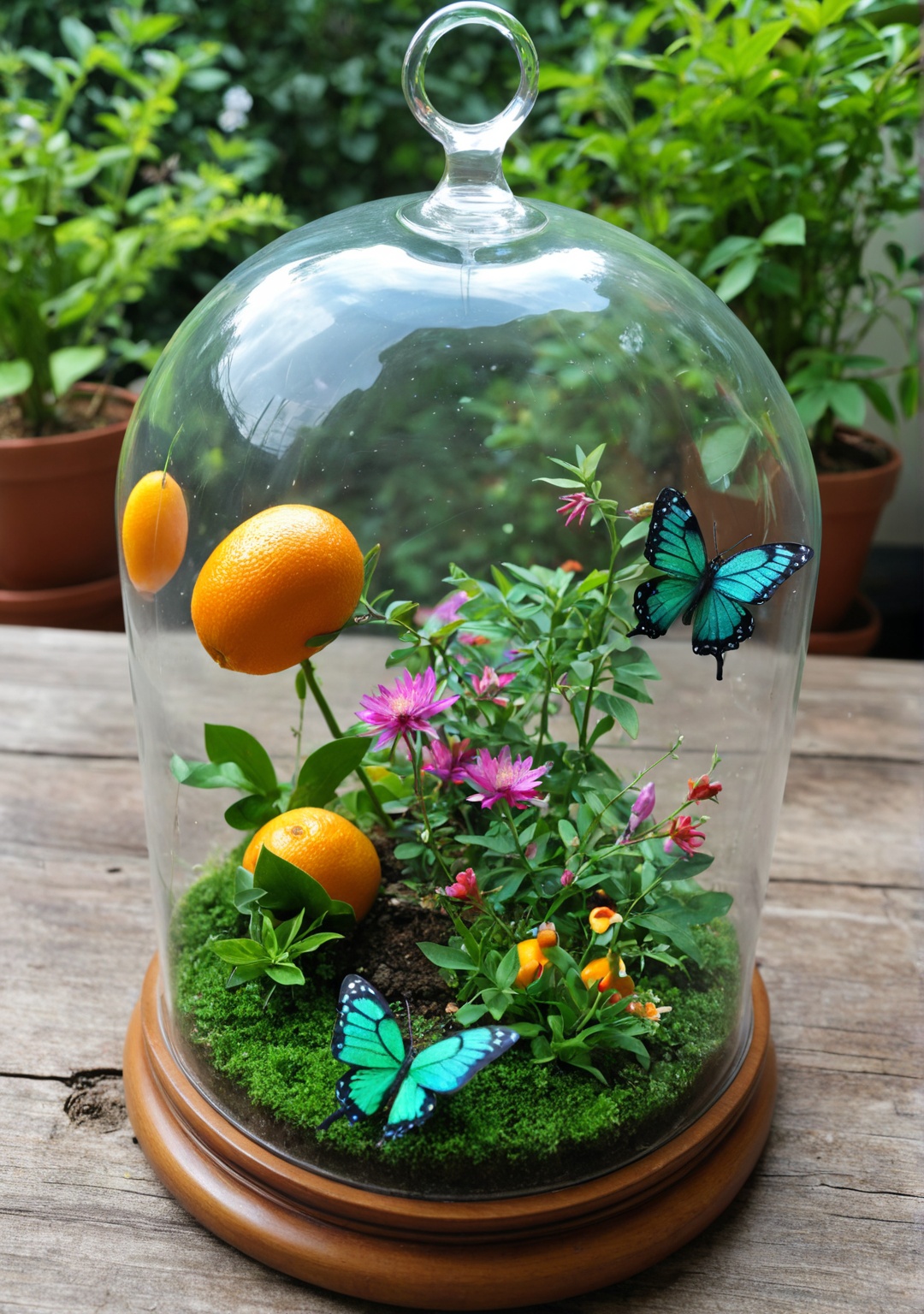 Within a delicate glass dome,  suspended amidst the celestial vastness of stars and vibrant nebulas,  a miniature garden t...