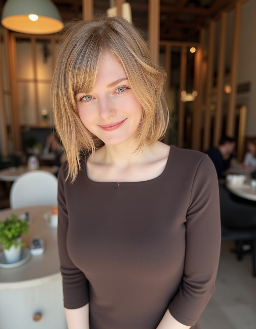 beautiful detailed photograph,  messy blonde hair loose strands framing her face,  wearing a boat neck dress on Tensor.Art