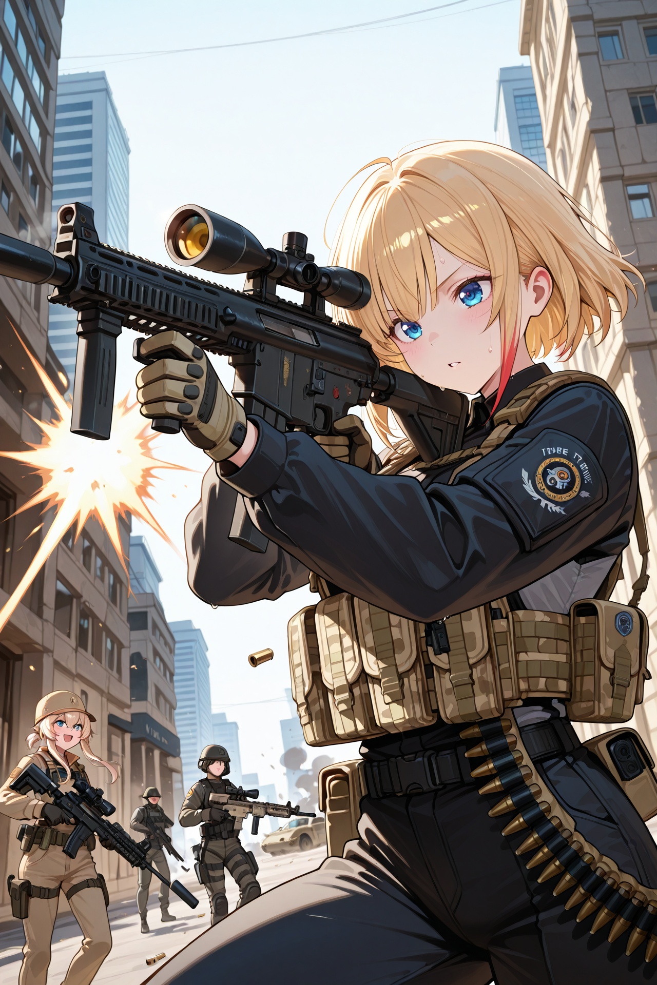 As the sun dips below the ravaged cityscape,  Captain Akira's gaze narrows,  her eyes fixed intently on the enemy strongho...
