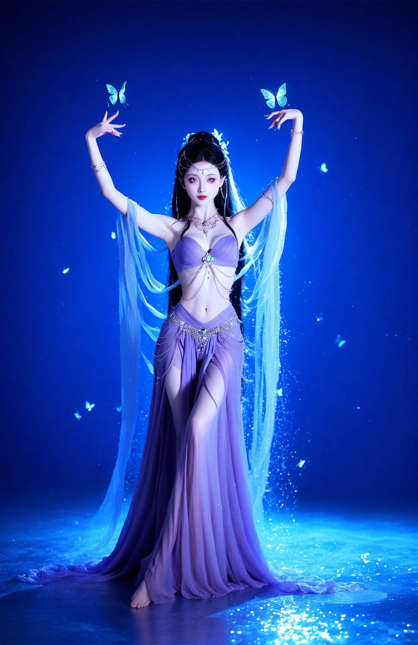 score_9,score_8_up,score_7_up,score_6,this captivating image portrays a figure adorned in traditional Chinese attire amidst a mystical, ethereal setting. Draped in a flowing purple gown with delicate embroidery, the figure exudes elegance and grace. The gown cascades around the figure, creating a sense of movement and fluidity. Intricate details, such as the embroidery and beadwork, are highlighted by the dramatic lighting, which bathes the scene in a soft, ethereal glow. The figure's pose is dynamic, with one arm gracefully lifted, as if caught in a moment of dance or contemplation. The surrounding environment is filled with cobwebs and fluttering butterflies, adding to the magical and enchanting atmosphere of the scene. The use of purple and blue tones imbues the image with a sense of tranquility and depth, further emphasizing the ethereal quality of the composition. Overall, this image is a celebration of traditional Chinese aesthetics and the beauty of movement and light.simple,(blurry background:1.1),blurry,(blurry foreground:1.1),,<lora:xiexinghanfu:0.8>