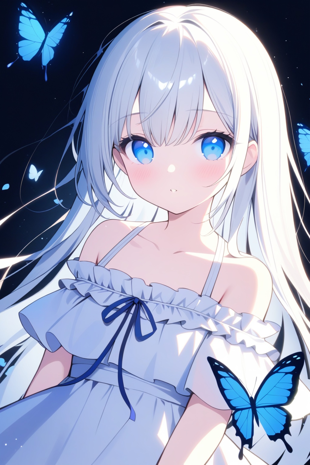 1girl,bug,butterfly,blue_butterfly,solo,blue_eyes,dress,long_hair,looking_at_viewer,white_dress,blush,collarbone,parted_lips,upper_body,white_hair,bare_shoulders,black_background,off_shoulder,frills,