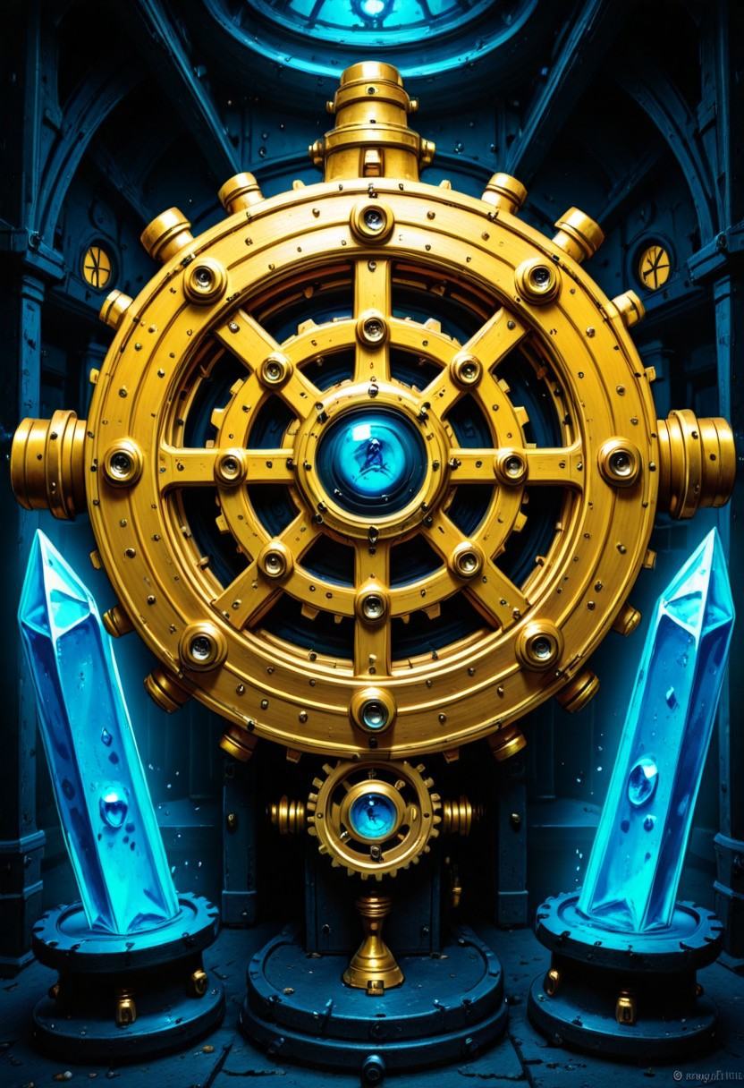 gears made entirely of transparent crystal,  each gear glowing with a gemstone-like color. This gear rotates in a magical...