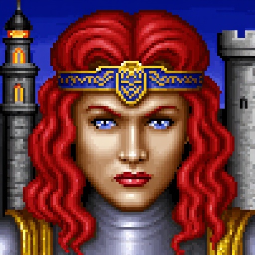 Original HoMM2 style portrait of Catherine Ironfist,  a female knight queen with long,  wavy red hair and a golden headpie...