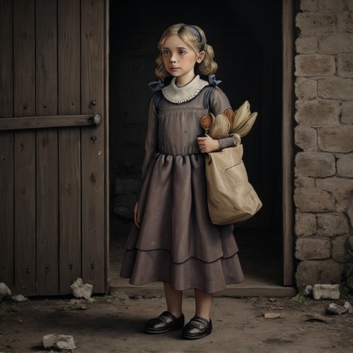 dark and gloomy children's book Artwork illustration of Gerda. She is holding a paper bag with groceries and is standing i...