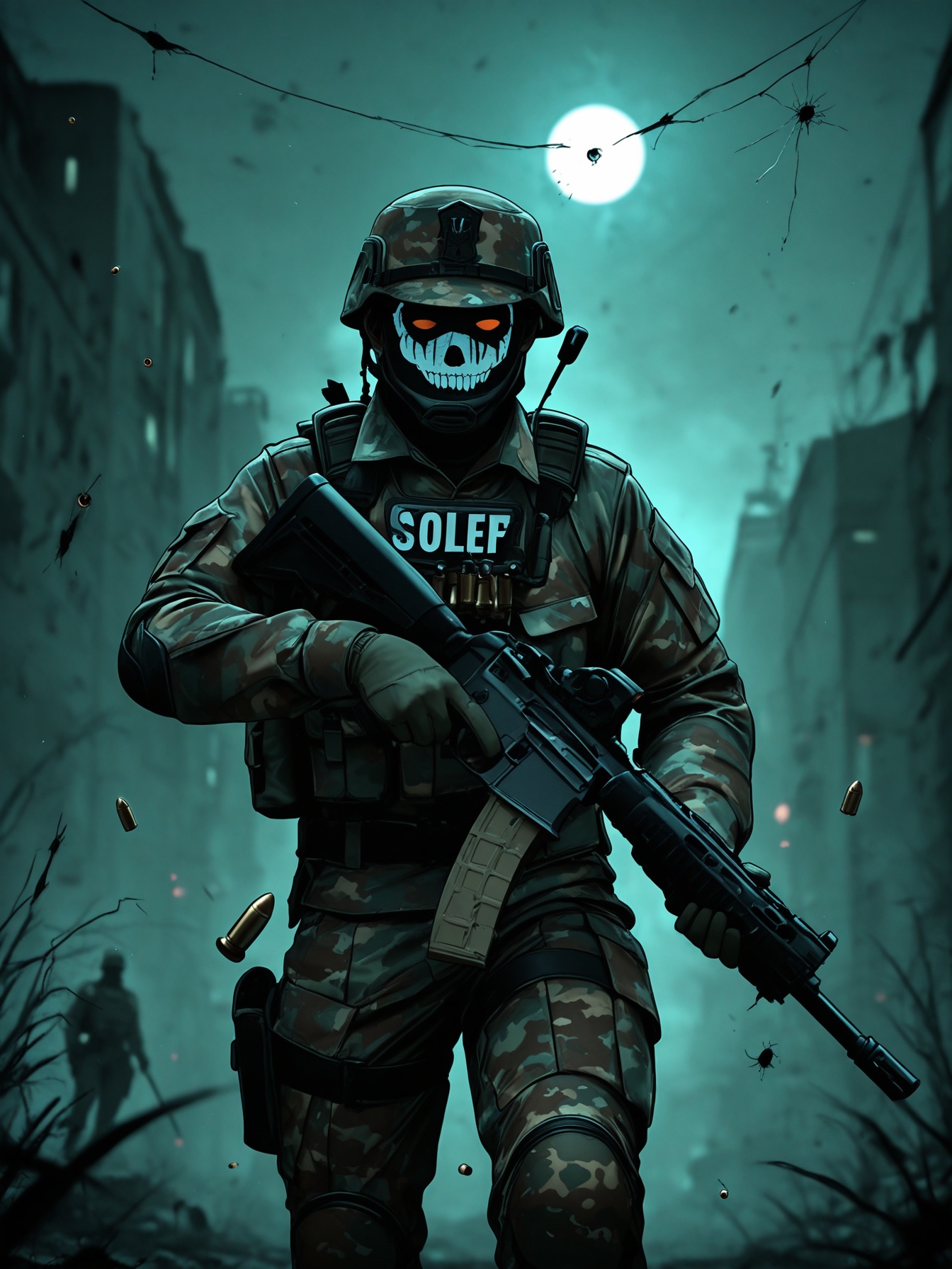 Junior officer,  male army soldier scouting alone (body splatter headshot bullet hole night Camo Face Paint) though a alie...