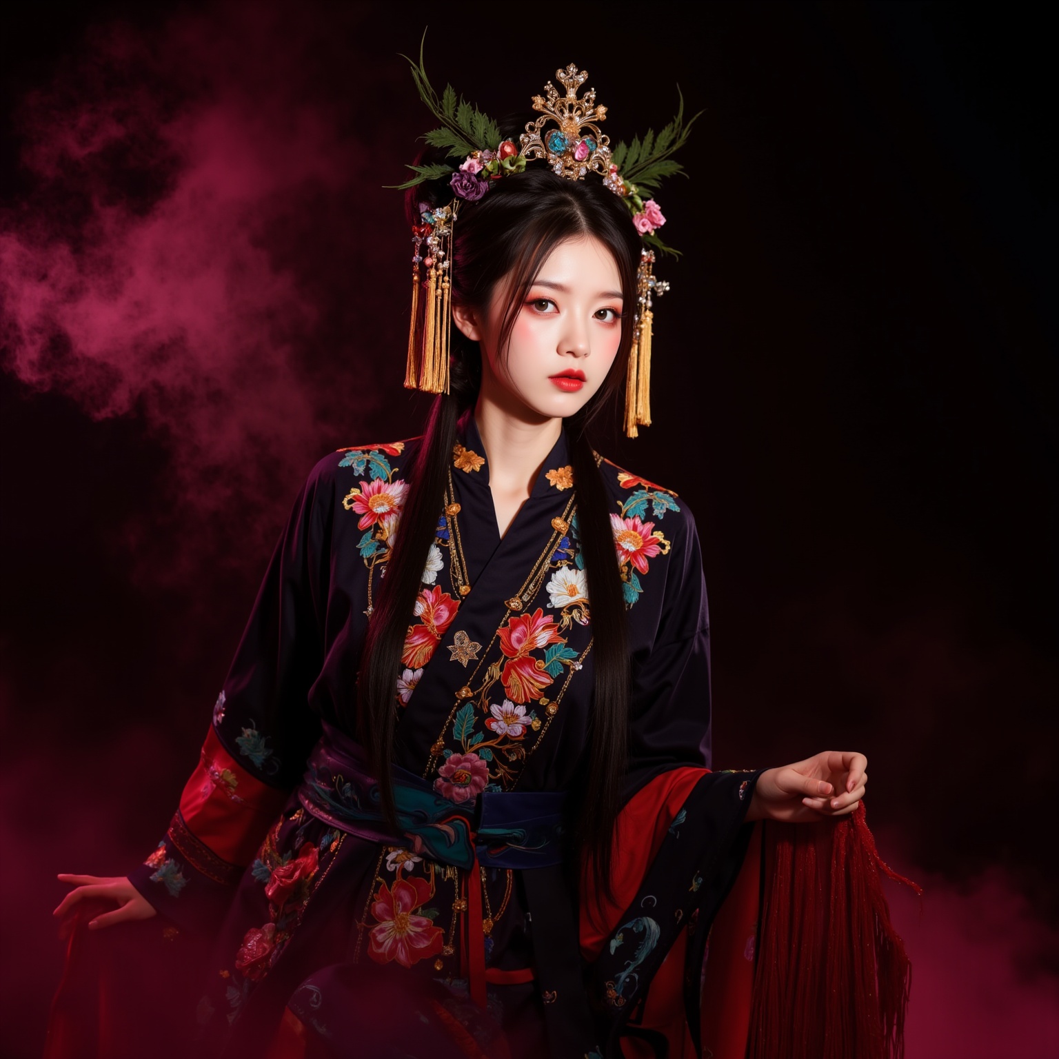 1girlChinese mythologytraditional Chinese attireornate headdress with tassels and ornamentsintricate embroiderydark robe with floral patternsdramatic lightingintense gazered and pink huesdramatic and mystical moodclose-up shotlow-angle shotfocus on the figure's face and upper body.ghost bride,Huangfu paper.