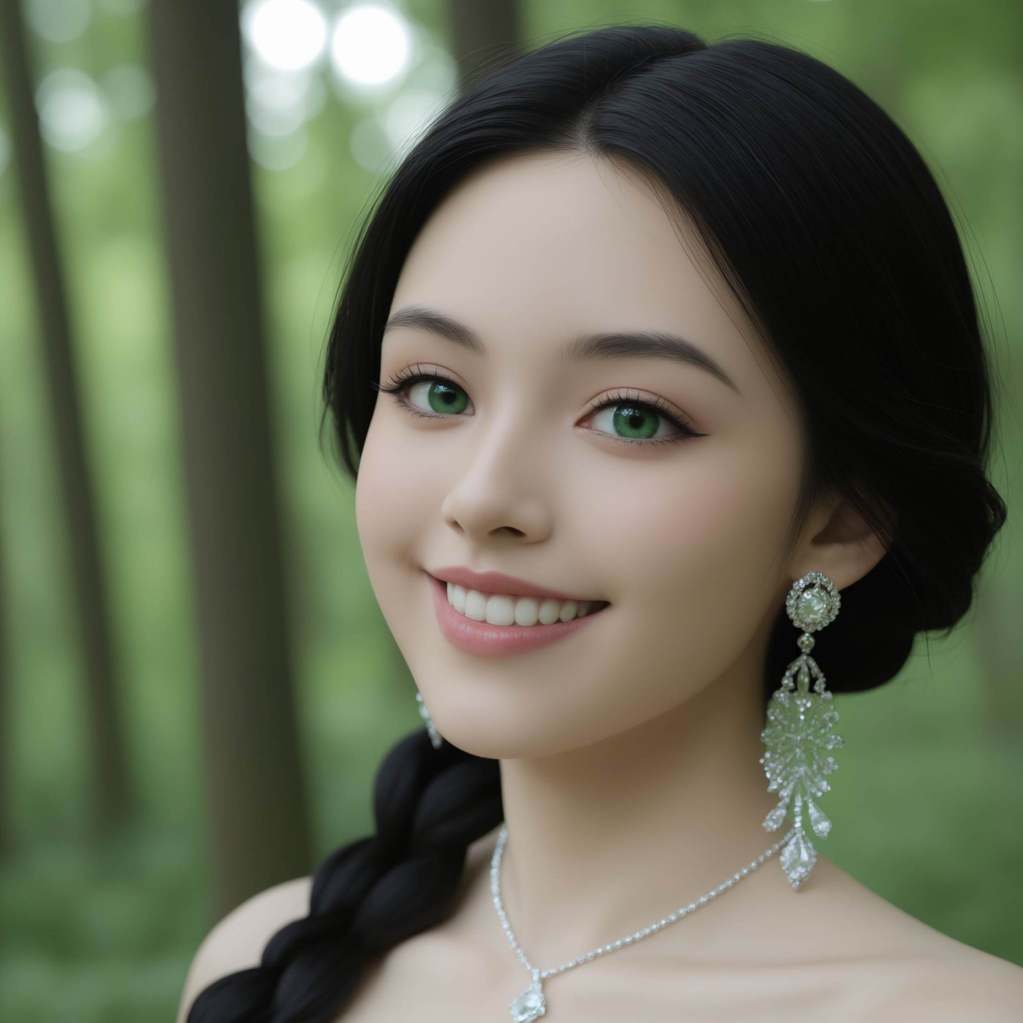 1girl, solo, looking_at_viewer, In a dimly lit, enchanting forest clearing at twilight, the camera is positioned at eye-level, capturing a close-up shot of Abby Boom, a woman with cascading black hair and piercing green eyes adorned in an extravagant, ethereal outfit reminiscent of Victorian era fashion. Her porcelain skin glows softly against the backdrop of dark emerald leaves, as she stands with her head tilted slightly to one side, revealing a dazzling smile showcasing brilliant white teeth and intricate silver earrings. A single strand of hair gently falls across one eye, creating an air of mystery and allure. The entire scene is bathed in a soft, ethereal light filtering through the trees, casting dappled shadows upon her delicate features, evoking a sense of timeless beauty and enchantment.