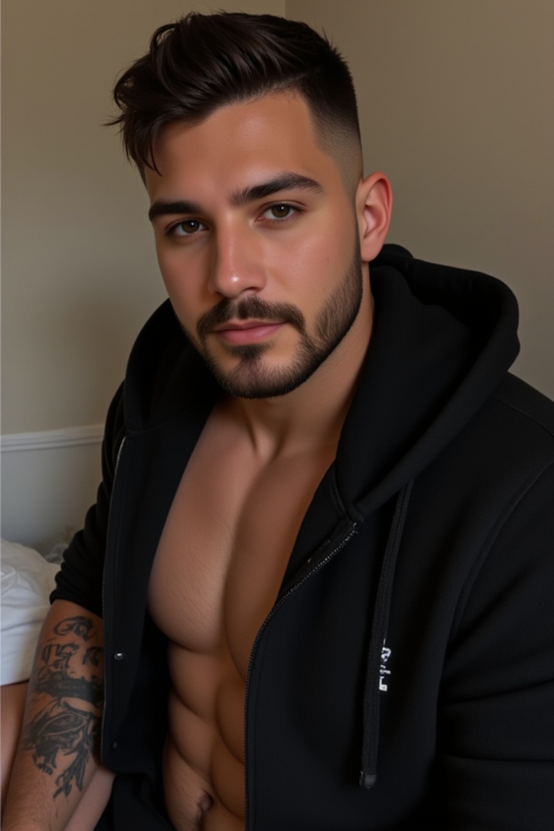 EUDanBear,  beard,  and his dark hair is short and messy. Prominent tattoos adorn his arms; the left arm features a detail...