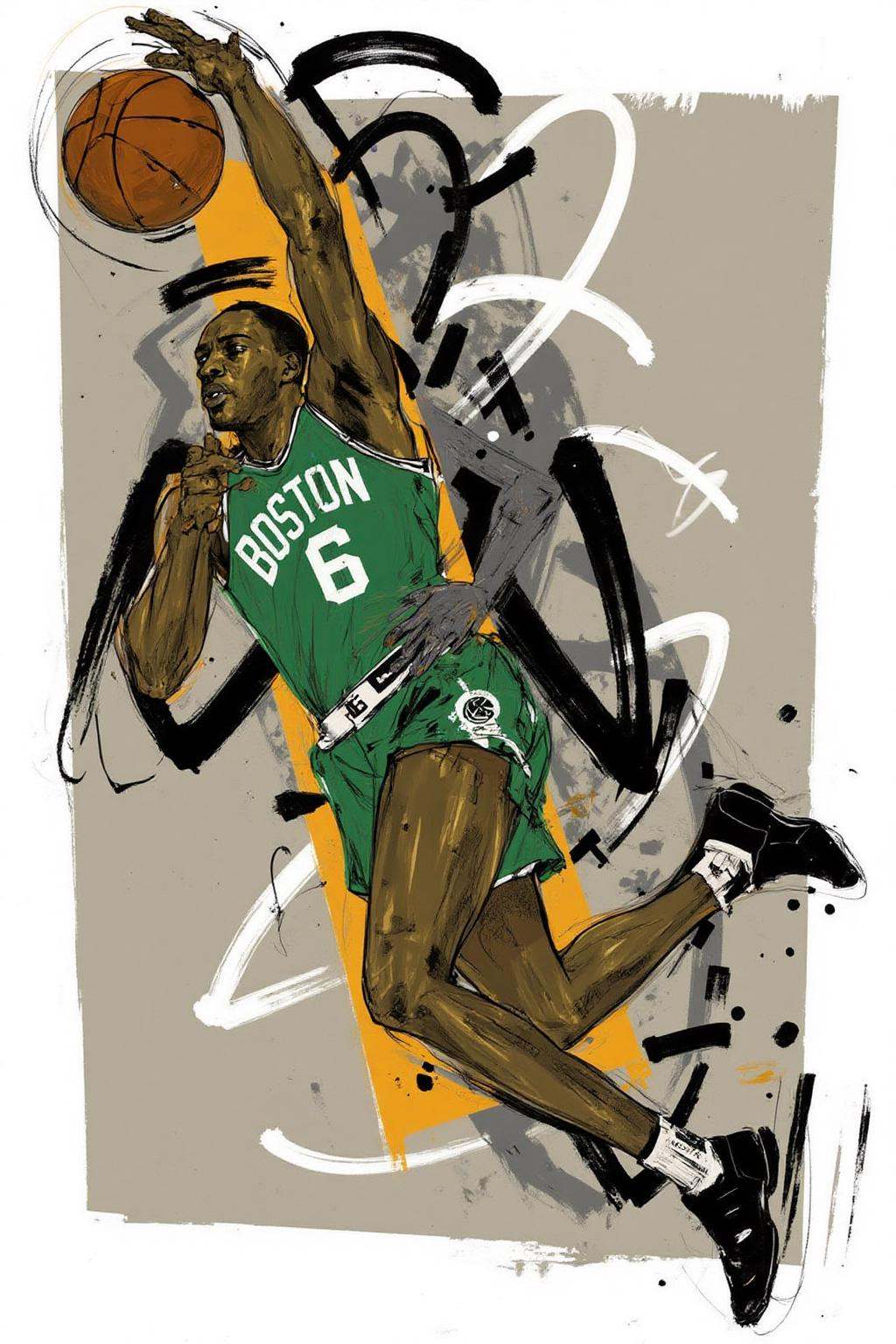 poster illustration.An African American basketball player,  shown in side profile,  is captured in mid-action on Tensor.Art