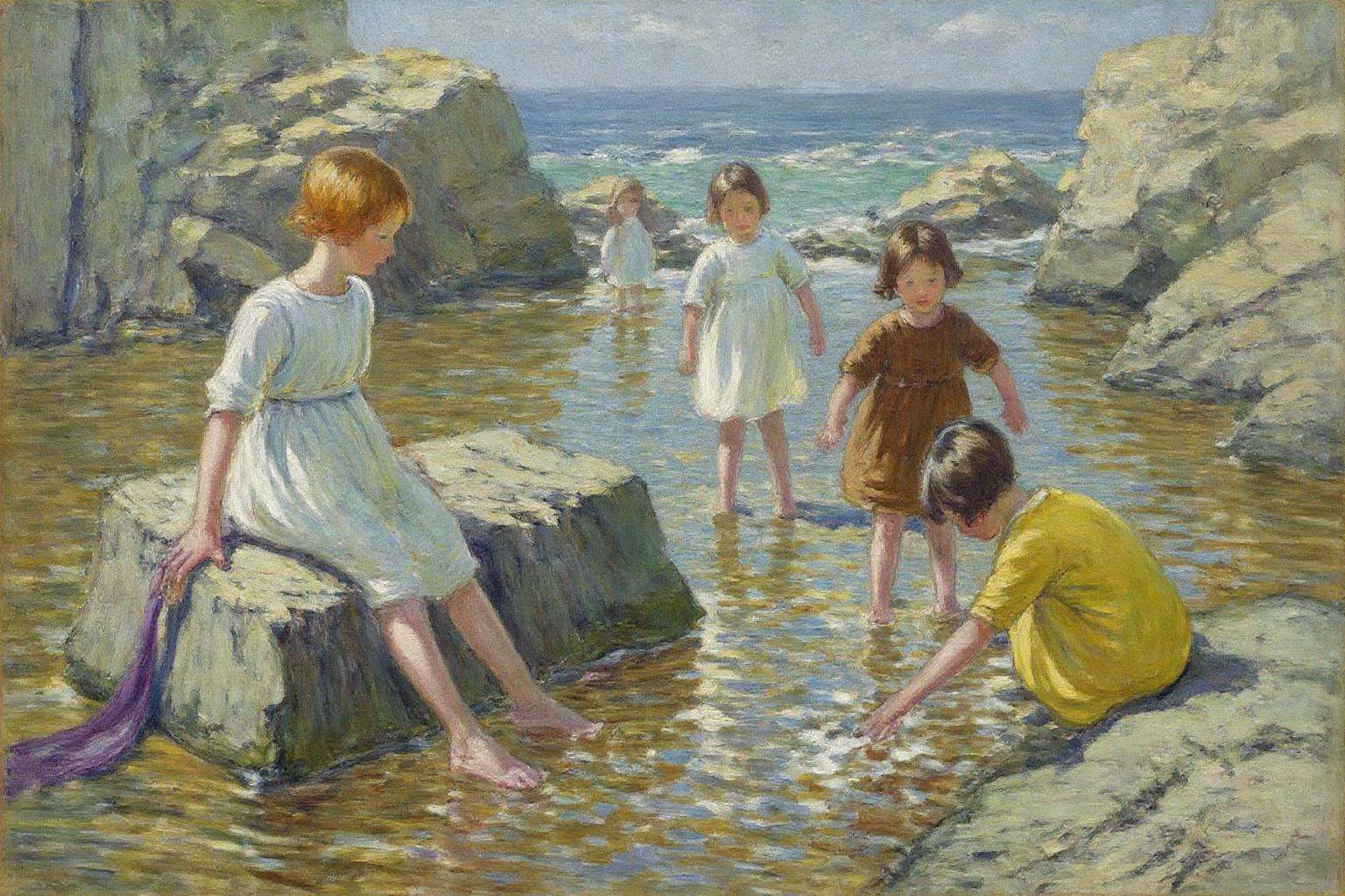 dorotheasharp1 painting.Four children play near the water's edge in a coastal scene. On the left,  a child in the foregrou...