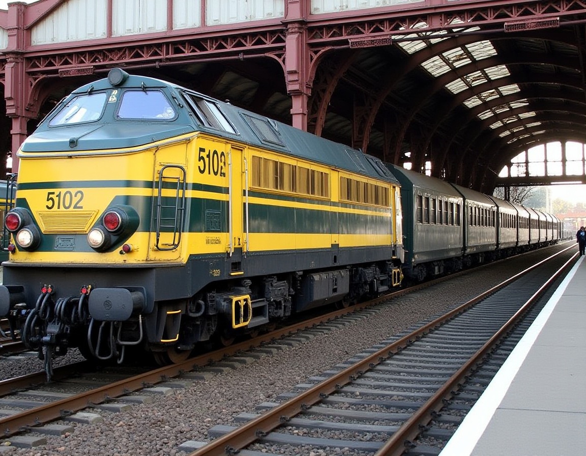 A yellow and dark-green diesel train locomotive,  number 5102,  sits on train tracks at a railway station. The locomotive...