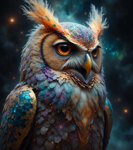 A mesmerizing iridescent owl with feathers composed of shimmering crystals,  refracting light into a kaleidoscope of color...