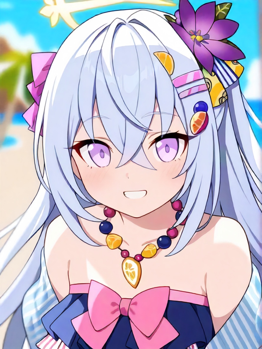 1girl, azusa \(swimsuit\) \(blue archive\), blue archive, solo, depth of field, portrait, jewelry, flower, frilled bikini, bikini, official alternate costume, necklace, bare shoulders, bow, close-up, smile, hair bow, purple bow, blurry, white hair, frills, looking at viewer, bikini top only, hair between eyes, hair flower, blurry background, pink bow, purple eyes, swimsuit, bead necklace, halo, long hair, beads, blush, pink bikini, masterpiece, best quality, safe