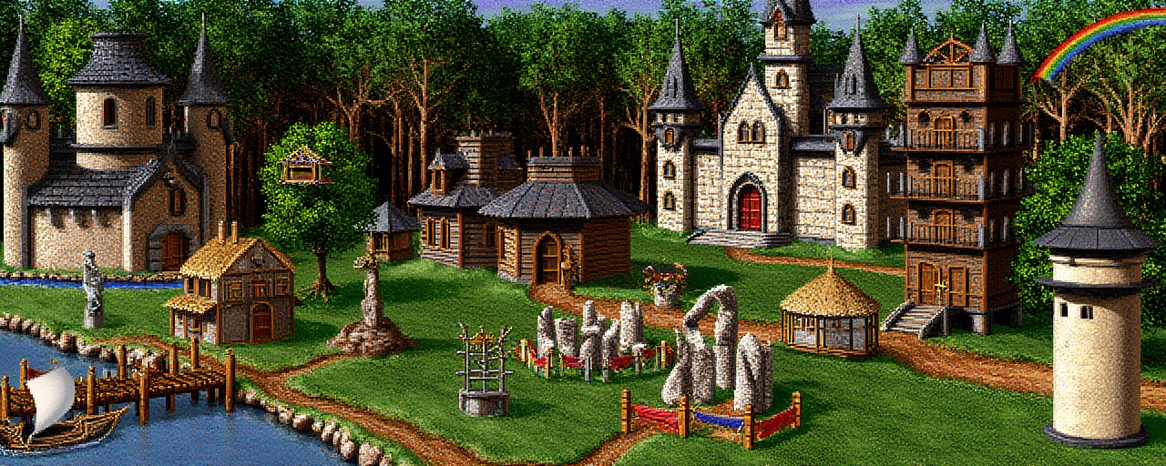 Original HoMM2 style town screen of a fully built Sorceress town on a sorceress faction background. It contains a Sorceres...