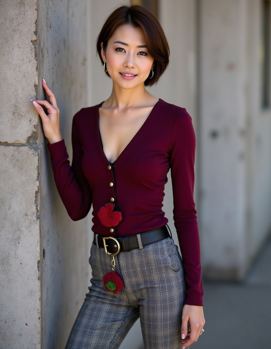 The scene showcases a confident young woman standing against a textured metallic background,  exuding modern elegance. She...