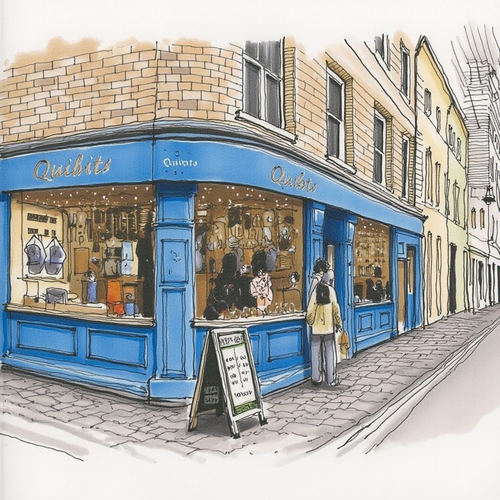 A watercolor painting of a quaint street scene featuring a blue storefront with the word "Quibits" in large letters above the entrance. The store has a large window displaying various items, including a sign with prices. Two people are standing inside the store, one near the window and the other near the counter. The building has a brick facade with a window above the entrance. The street is narrow and cobblestoned, with other buildings lining the street. The sky is overcast, and the overall color palette is muted and earthy. The style is whimsical and charming, with a touch of nostalgia., <lora:flux_速写风格_建筑画:1>