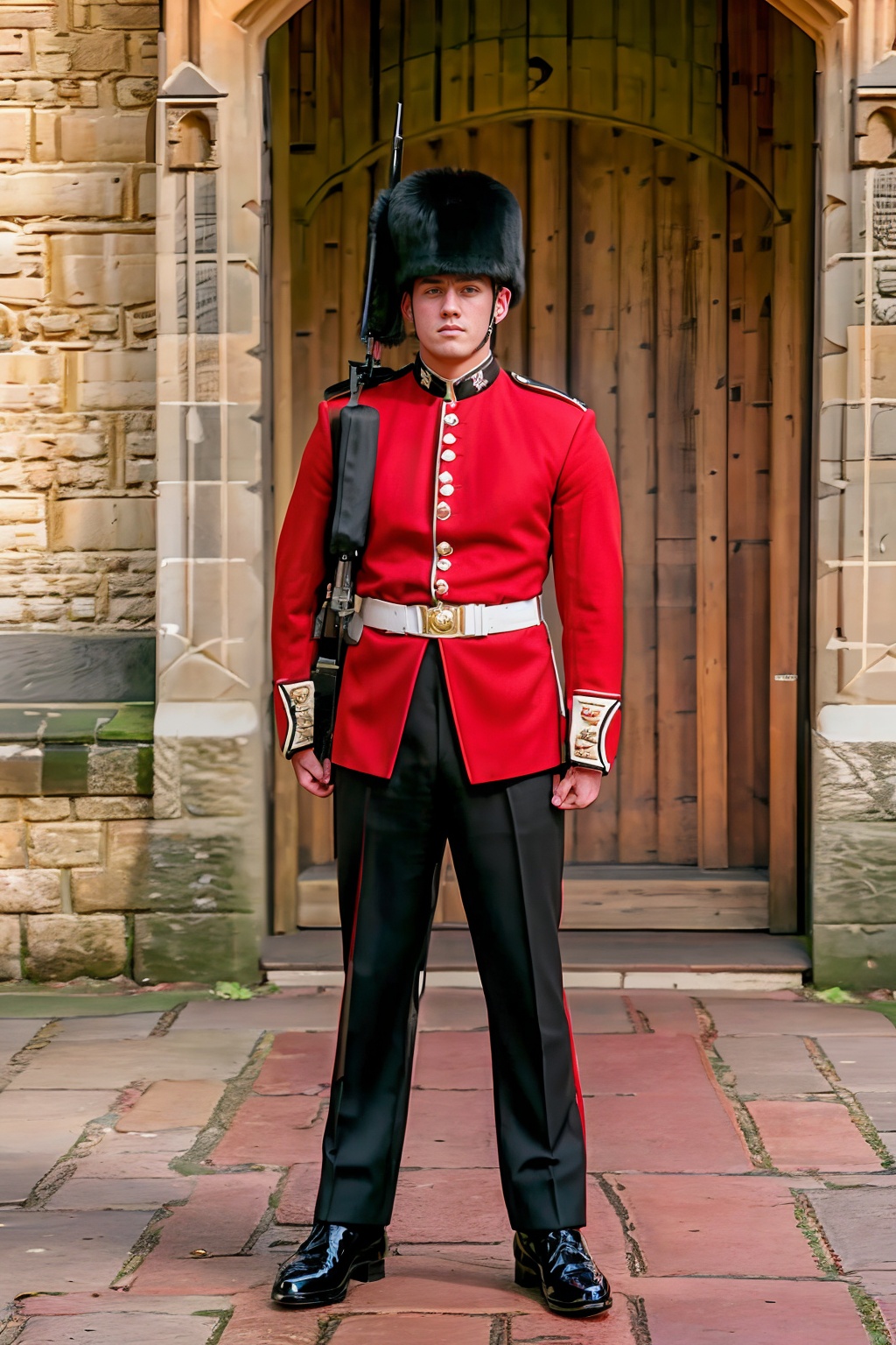 entrance gate to Windsor Castle in the background,  JohnnyB is a kings guard,  wearing kg_uniform on Tensor.Art