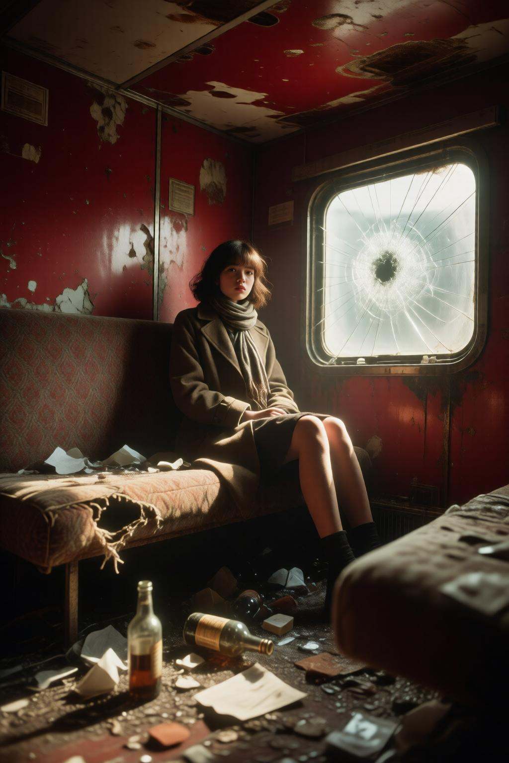 midjourneylowangle11q Low angle shot. Close-up of a young woman sitting in a dilapidated train car. The train's red interi...