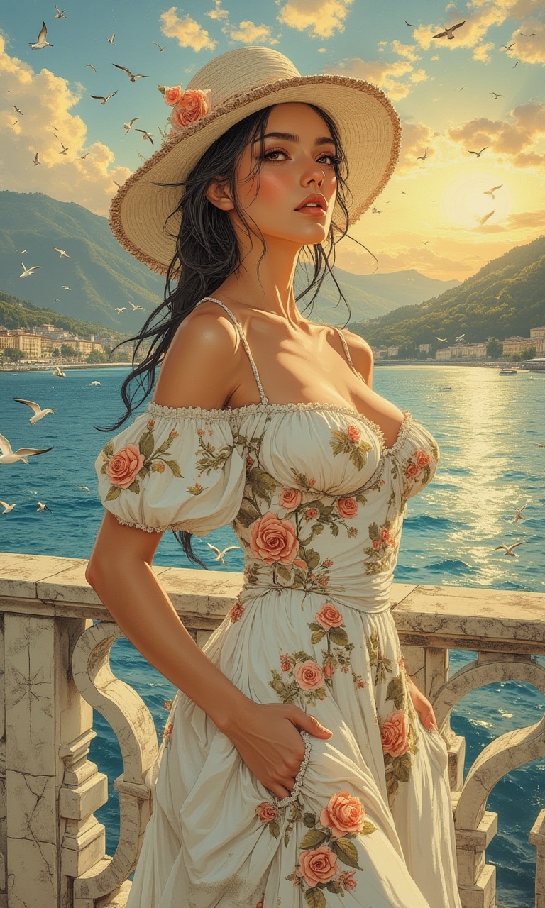 comic HDR photo of sexy,  a girl in a white hat and a white floral dress made of roses stands on the Black Sea embankment...