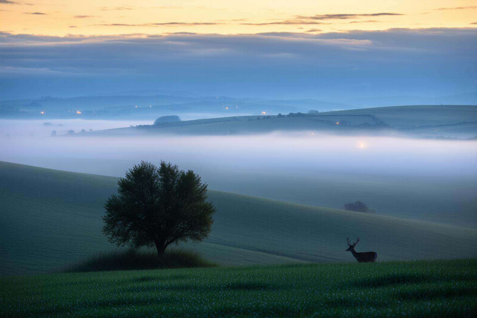 aurelmanea2q photography.A landscape with rolling green hills and a single tree standing prominently on a small mound in t...