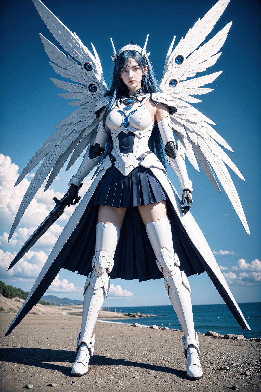 1girl, solo, weapon, skirt, holding, mecha musume, holding weapon, long hair, blue hair, blue skirt, looking at viewer, thighhighs, armor, blue eyes, sky, outdoors, cloud, standing, pleated skirt, mechanical wings, gun, science fiction, full body, holding gun, wings, very long hair, purple eyes, blue sky, sword, white hair, boots, headgear, breasts, holding sword, hairband, armored boots, day, closed mouth