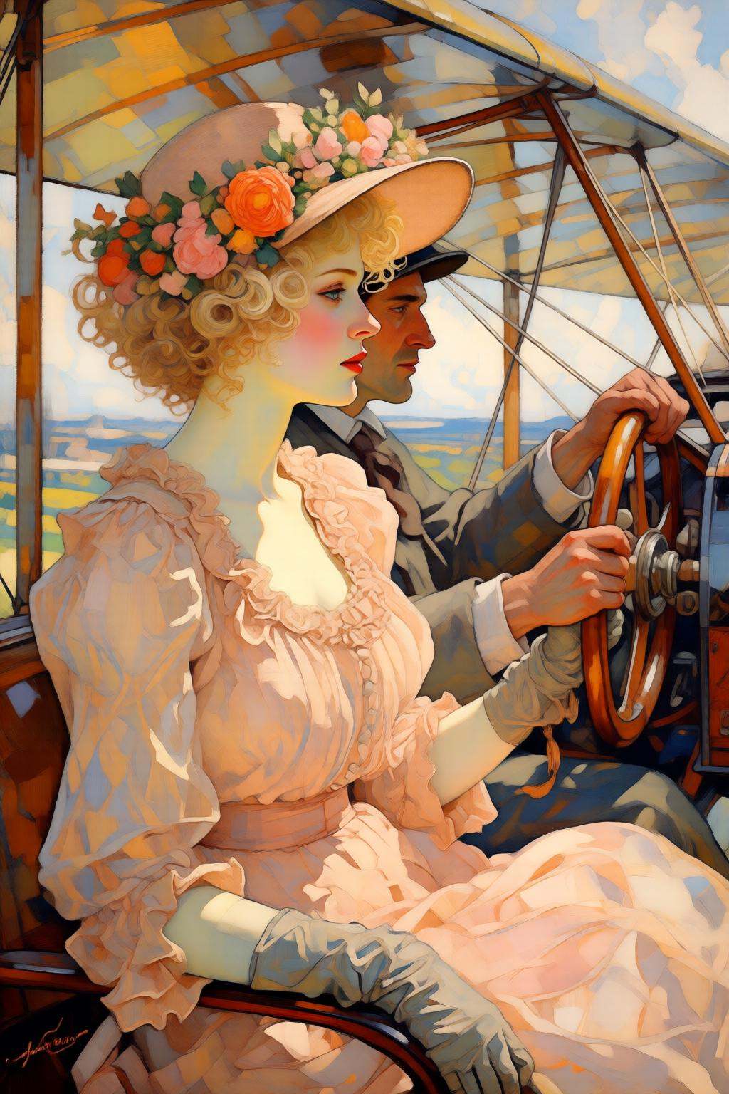 kaoruyamada2q painting. A romantic scene of a couple on a vintage biplane. The woman,  in the foreground,  is a stylish wo...