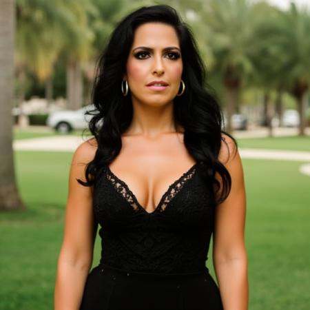 sleeveless black dress that reaches mid-thigh.,  giving her a warm complexion. Her eyes are large,  natural pink lipstick....