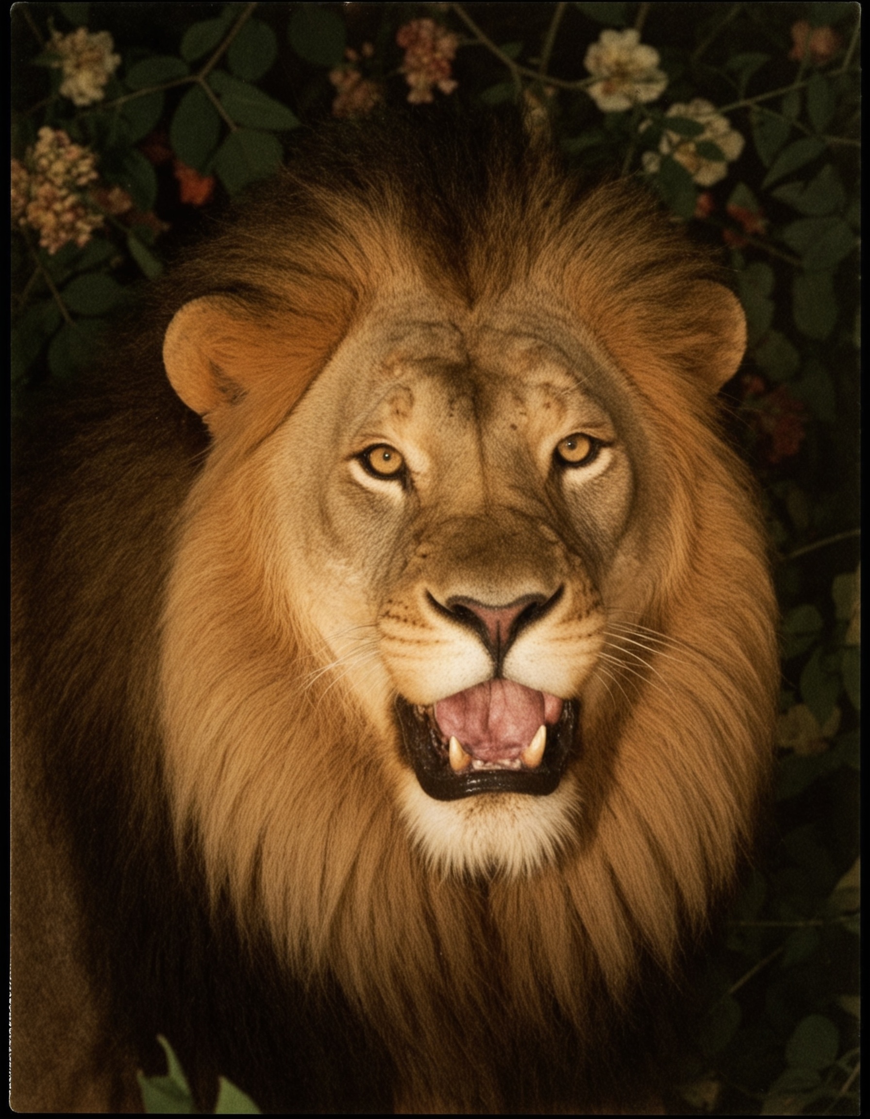 photo of a gorgeous roaring lion with an image filled with deep darks in the style of an analog film grain,  background wi...