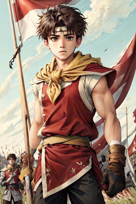 1boy,  yellow scarf,  red tunic on Tensor.Art