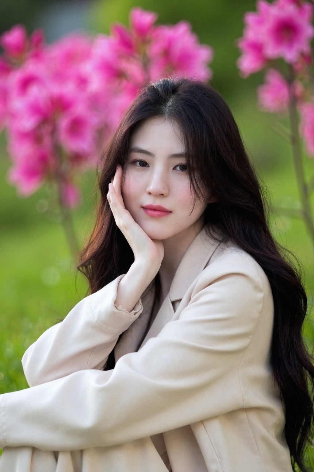 beautiful korean woman seated outdoors in a serene,  natural setting. She is wearing a light beige trench coat,  which add...