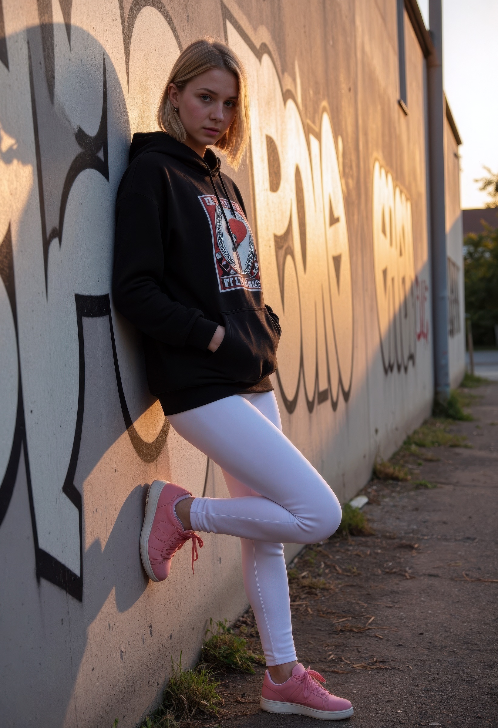 young Dutch blonde woman in an oversized graphic hoodie,  tight white leggings,  and pink sneakers on Tensor.Art
