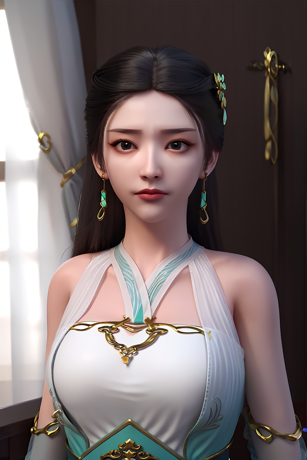 3D,masterpiece,(best quality),(makeup),official art, extremely detailed cg 8k wallpaper,((crystalstexture skin)), (extremely delicate and beautiful),(highly detailed),(face),(gold_trim),(1girl), (solo), (jewelry), (earrings),(black_hair),(long_hair),(hair_ornament),(handwear),(breasts),((portrait)),(bare_shoulders),(closed_mouth),(off-shoulder_dress),(shiny_clothes),(city,indoor),,((looking_at_viewer)),((Facing the camera)),, <lora:hipoly3DModelLora_v10:0.3>