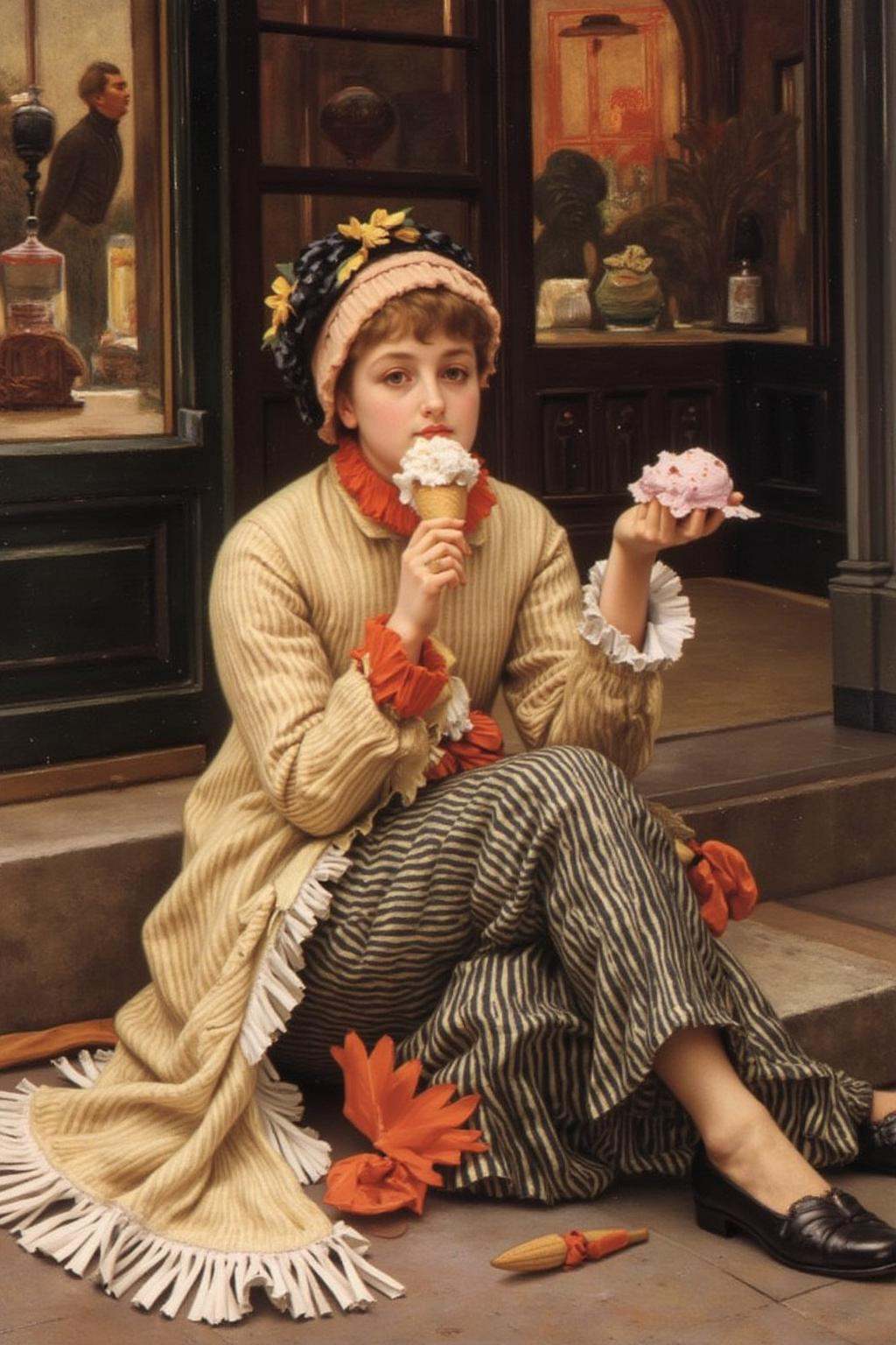 jati1 painting of a woman,  sitting on the ground eating ice cream. on Tensor.Art