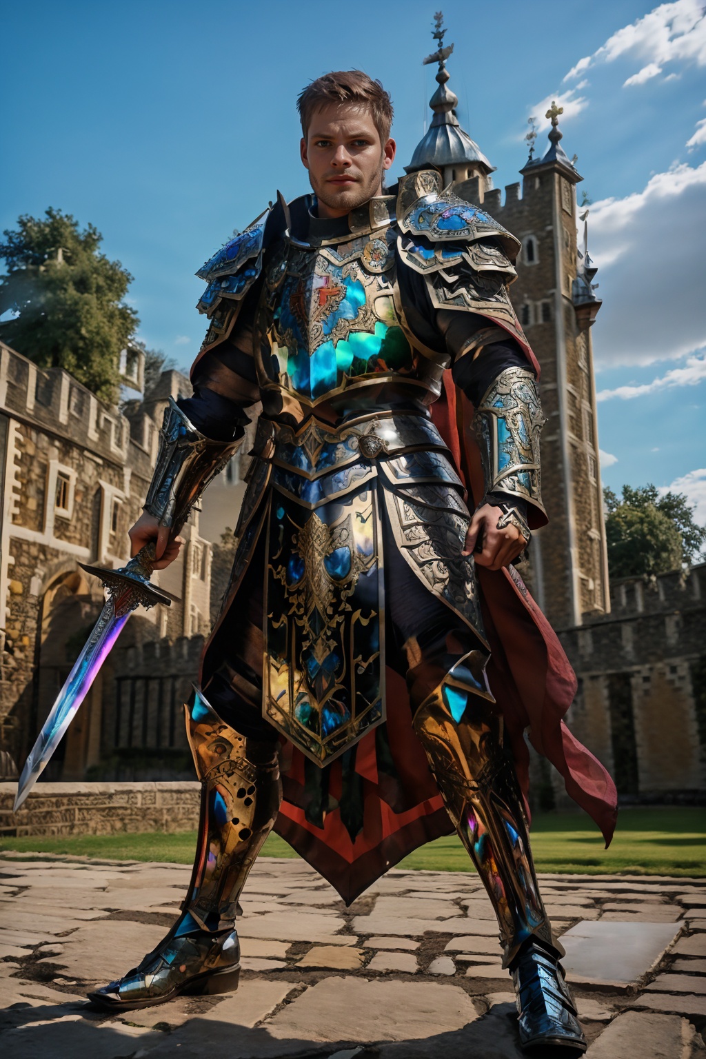 standing in front of the gate to the ((Tower of London)),  JackWindsor,  bismuth4rmor on Tensor.Art