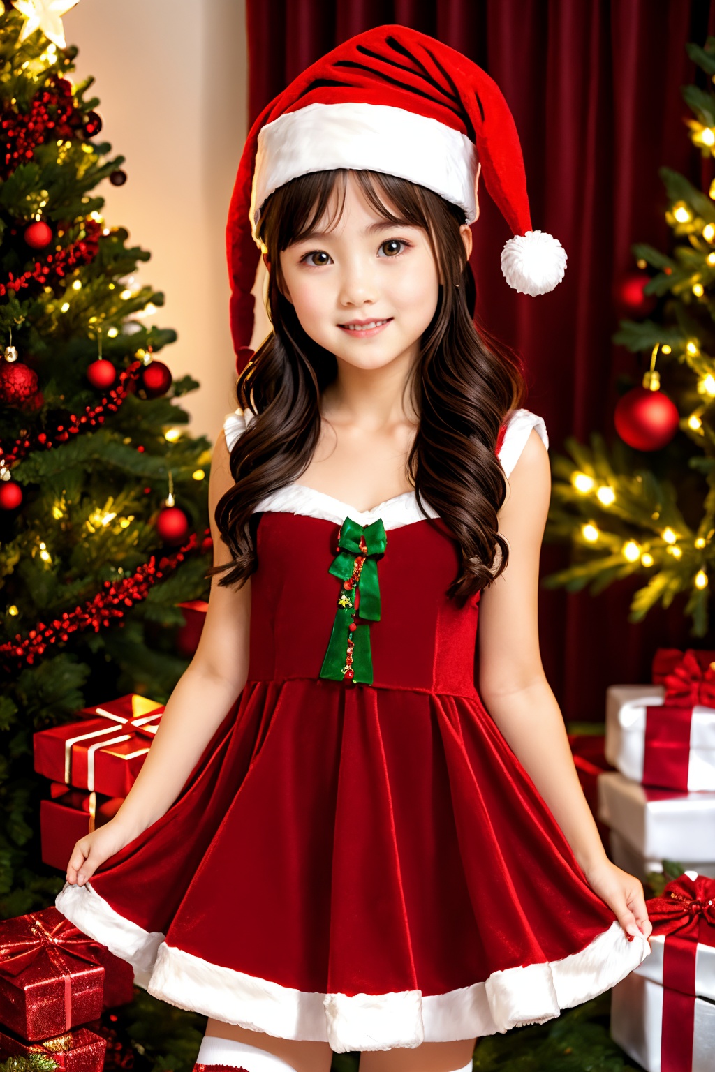 <lora:AgainChristmas_v1:1>, 1girl, christmas tree, solo, christmas, hat, gift, thighhighs, santa hat, dress, christmas ornaments, long hair, red dress, upper body,