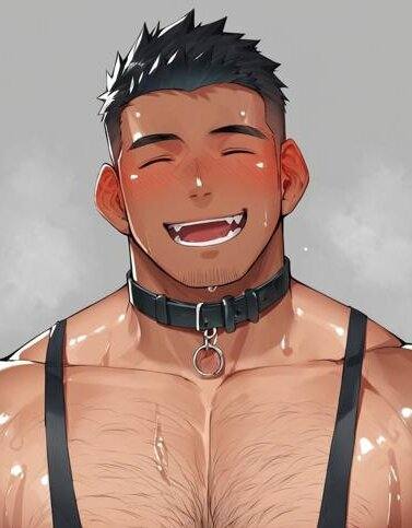score_9, score_8, score_7_up, bara, male focus, yaoi1boy, dog ear, (tan skin, masculine), (hairy body), muscular, handsome, (large pectoral, puffy nipple:1.2), body builder, collarportrait, close view, blush, half body, laugh, **** top, sweat