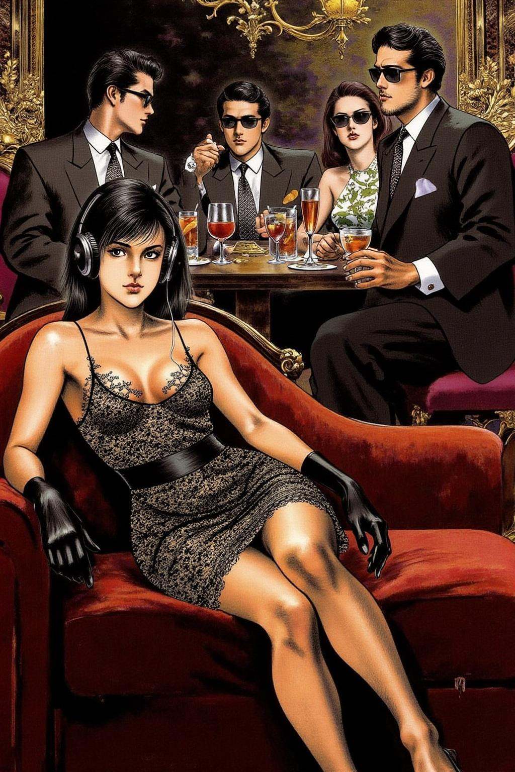 1keryo illustration. A luxurious,  dimly lit lounge set in 1970s Italy,  exuding vintage charm and opulence. A stylish you...