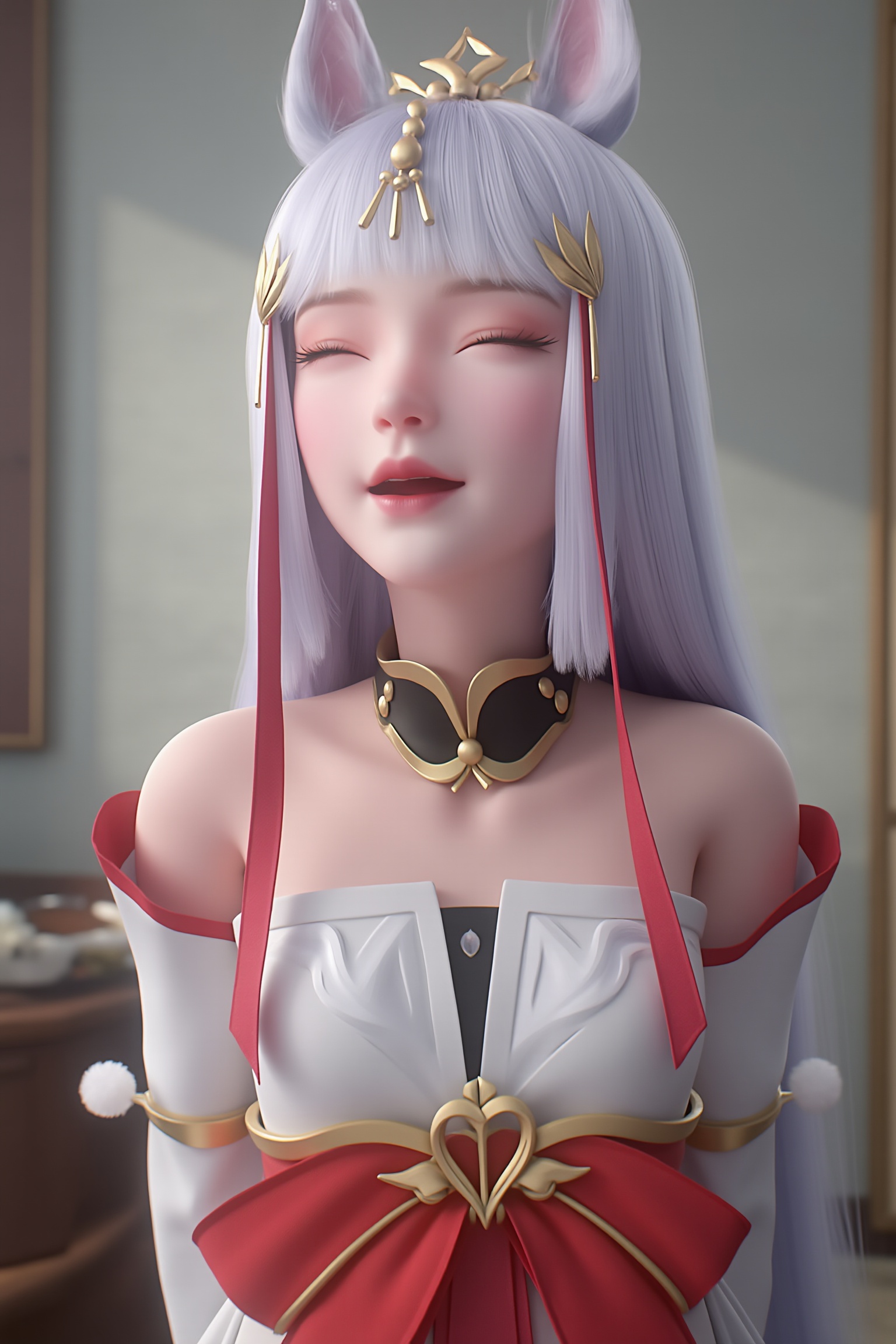Photograph,young woman,white hair,red eyes,intricate headdress with golden accents, white and red robes, headpat, pov hands, upper body, solo focus, 1girl, lv2fenrys, happy, open mouth, arms behind back, white hair, animal ears, pointy ears, closed eyes, heart \(shape\), white dress, sleeveless dress, waist bow, black bow, choker, bare shoulders, collarbone, cleavage, large breasts, indoors <lora:太阴玉兔0.5:0.8>