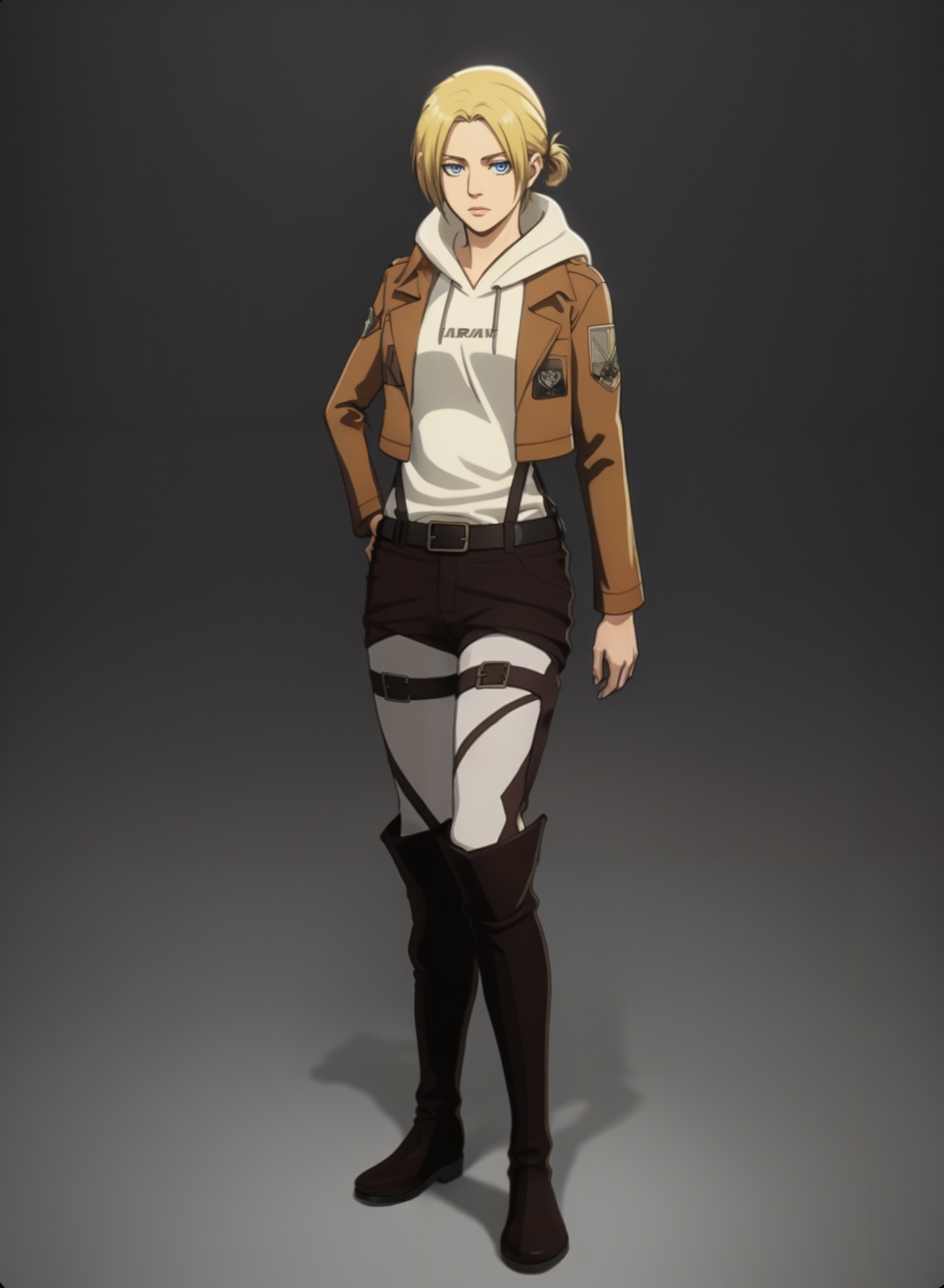 golden hour,highly detailed,ultra-high resolution,32K UHD,sharp focus,best-quality,masterpiece,Emotionalization,with a high-end texture,incredibly absurdres,Cinematic Lighting,<lora:阿尼(10):0.6>,1girl,annie leonhart,solo,paradis military uniform,emblem,blonde hair,boots,jacket,hood,belt,uniform,hand on own hip,short hair,full body,blue eyes,knee boots,standing,hoodie,pants,military,military uniform,transparent background,