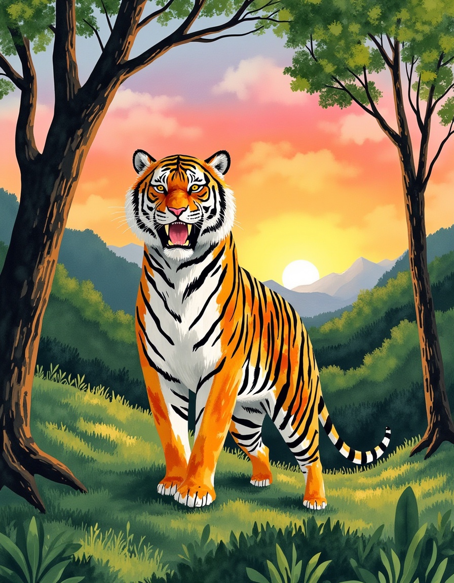 a big ferocious tiger,  jungle,  sunset on Tensor.Art