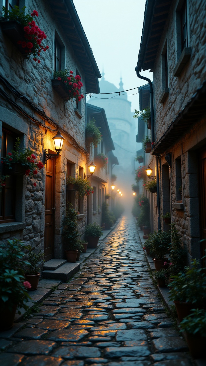 Narrow cobblestone street in an old European village,  quaint houses with flower boxes,  lanterns casting warm light on Te...