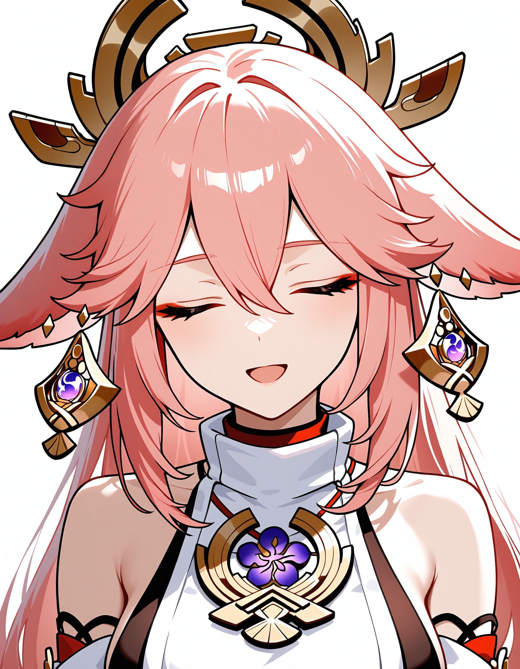 1girl, yae miko, solo, closed eyes, fox ears, simple background, white background, vision \(genshin impact\), open mouth, nontraditional miko, upper body, fox girl