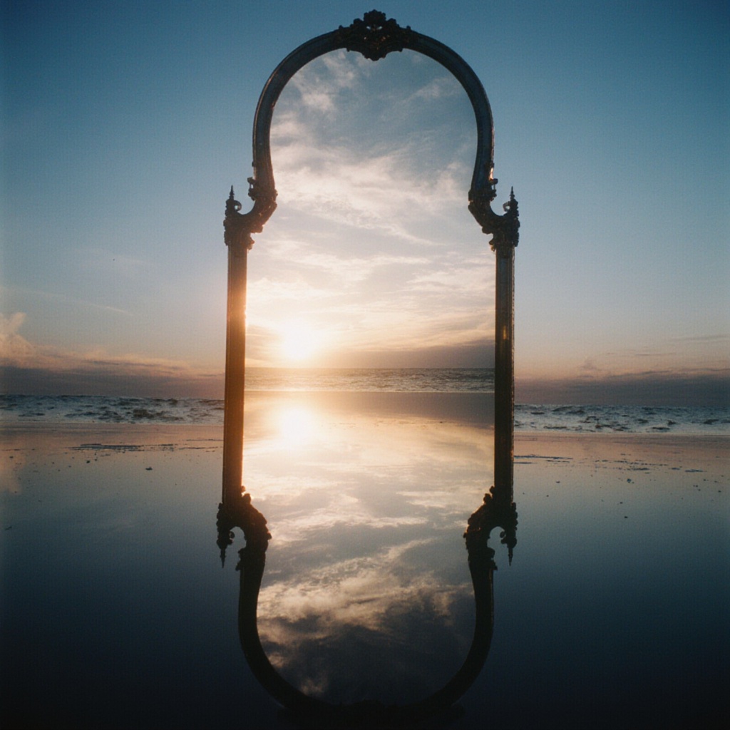 Surrealist art cinematic image of a mirror reflecting a sunset on a body of water,  perfect image,  perfect body on Tensor...