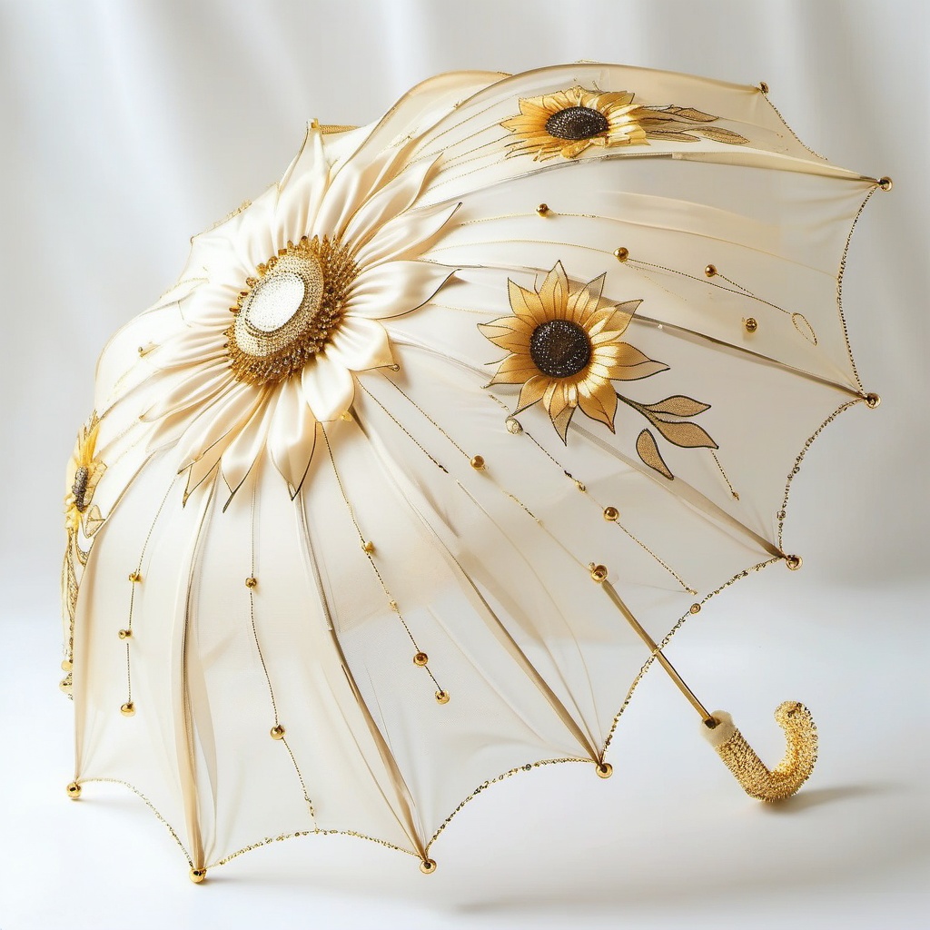 san, umbrella,A snazzy, cream-colored parasol flaunts a massive, eye-catching sunflower design. The petals, crafted from sheer fabric, are decked out with gold bead bling and tiny sequins. The parasol's handle is jazzed up with gold sequins too, adding a posh, vintage vibe. The background is plain white, making the parasol's fancy details and intricate craftsmanship stand out.,<lora:sanv1:0.8>
