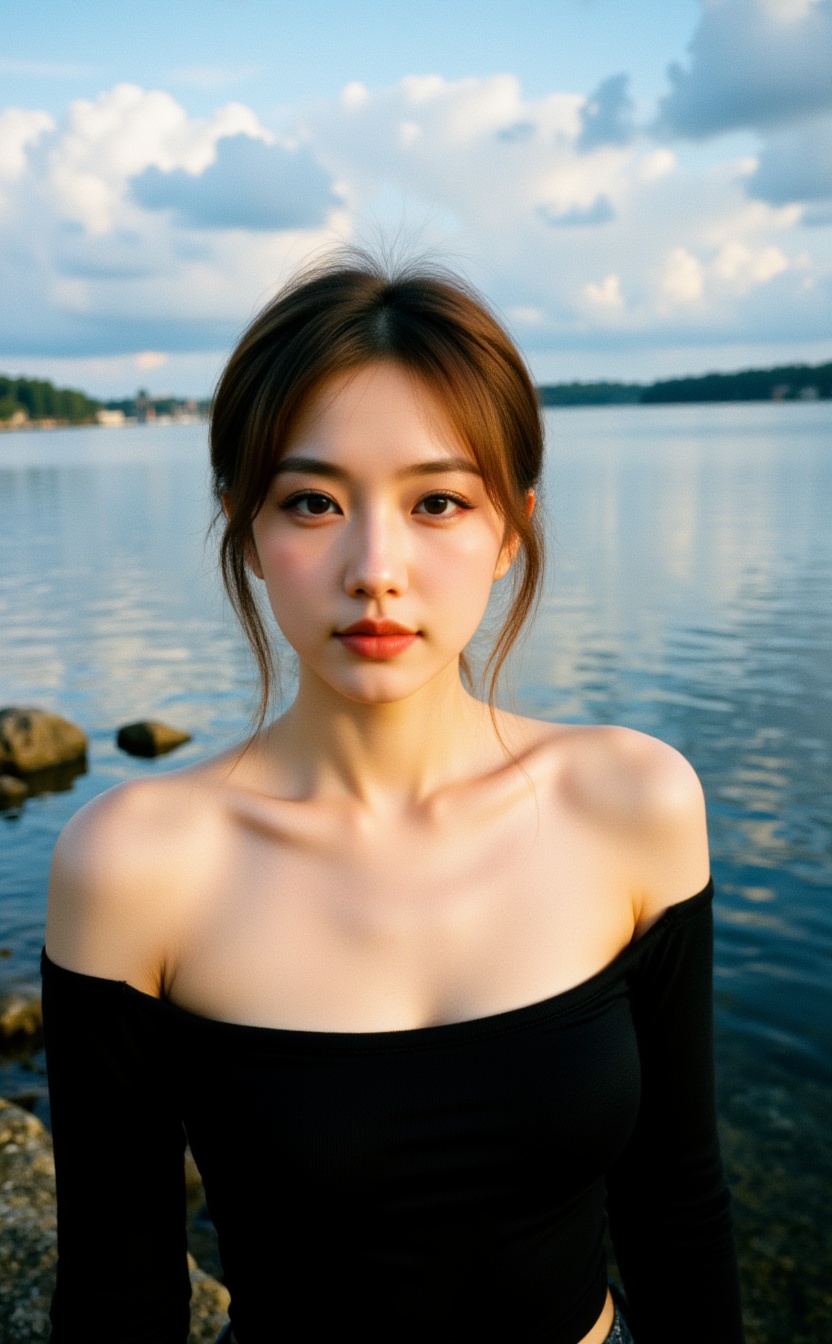 A young woman with fair skin and a slender physique stands by the edge of a body of water,  possibly a lake or sea,  durin...