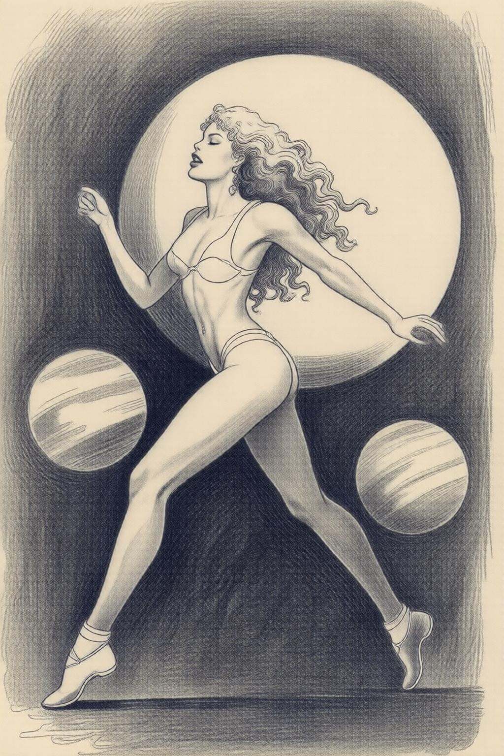 milomanara7q illustration. A black and white pencil drawing of a woman. Her hair is long and wavy,  and her eyes are close...