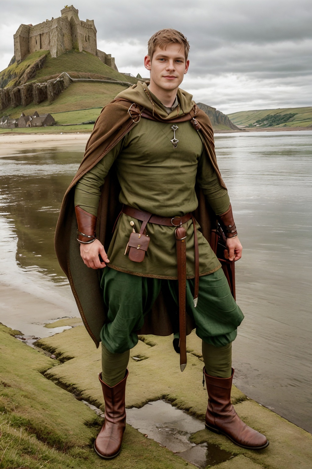 a beach,  Lindisfarne Castle on a hill in the background,  JackWindsor on Tensor.Art