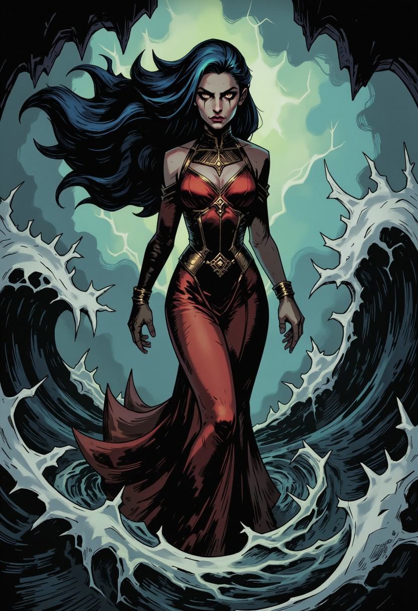 inked comic illustration in TTCSV1.0 artstyle that features A captivating siren,  her form outlined against a stormy sea....