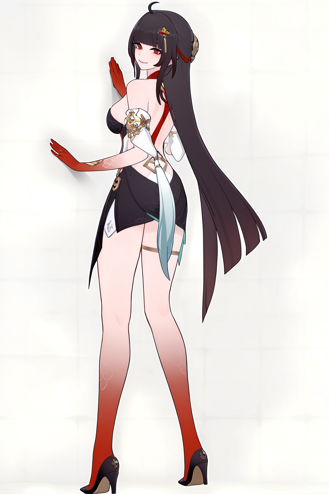 8k, best quality, masterpiece, (ultra-detailed), (high detailed skin), full body, full shot, standing, looking at viewer, (solo:1.2), simple background, leaning against a wall, from behind, looking back, looking at viewer, evil smile, up-down, <lora:lingsha-a3-Tanger-000014:0.8>, lingsha, default clothes, red hands, red feet, black dress, 1girl, long hair, black hair, breasts, ahoge, high heels, 